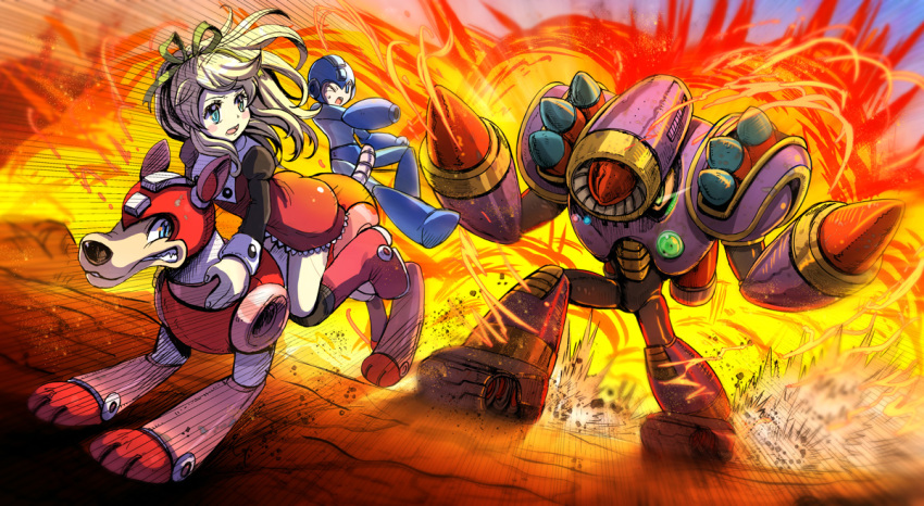 android animal arm_cannon ass blonde_hair blue_eyes capcom commentary_request dog explosion fire hair_ornament helmet jumping kiwakiwa long_hair long_sleeves looking_back napalmman one_eye_closed open_mouth ponytail riding robot robot_animal rockman rockman_(character) rockman_(classic) rockman_5 rockman_8 roll rush_(rockman) weapon