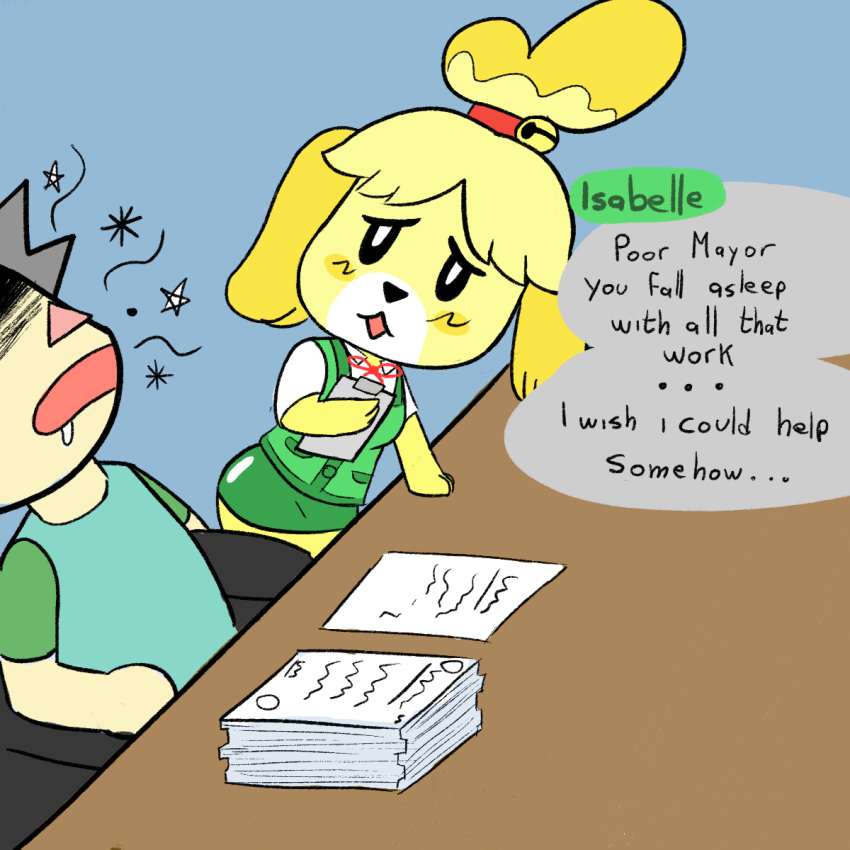 2018 animal_crossing anthro canine comic darkpatito dialogue digital_media_(artwork) dog duo english_text female fur human isabelle_(animal_crossing) male mammal nintendo open_mouth secretary shih_tzu sleeping text video_games villager_(animal_crossing) yellow_fur