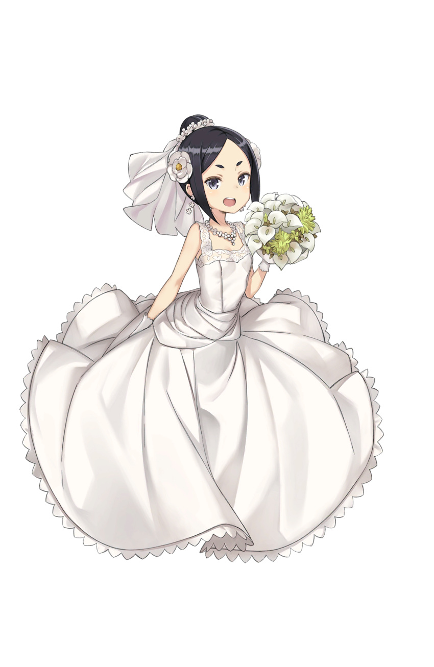 :d arm_at_side bare_shoulders black_eyes black_hair bouquet dress earrings flower full_body gloves hair_bun hair_flower hair_ornament highres holding holding_bouquet jewelry looking_at_viewer makaria necklace official_art open_mouth princess_principal princess_principal_game_of_mission short_hair smile solo toudou_chise transparent_background white_dress white_gloves
