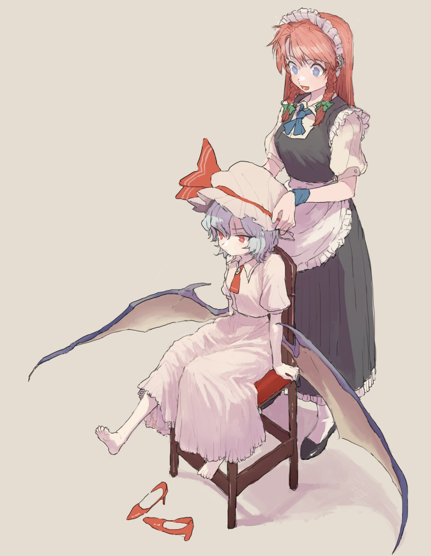 alternate_costume apron barefoot bat_wings beige_background black_dress black_footwear blue_eyes bow braid chair commentary_request dress enmaided green_bow hair_bow hat hat_ribbon high_heels highres hong_meiling lavender_hair long_hair maid maid_headdress mob_cap motsuni_(artist) multiple_girls puffy_short_sleeves puffy_sleeves red_footwear red_hair red_ribbon remilia_scarlet ribbon shoes shoes_removed short_hair short_sleeves simple_background sitting skirt skirt_set standing touhou twin_braids waist_apron wings wrist_cuffs