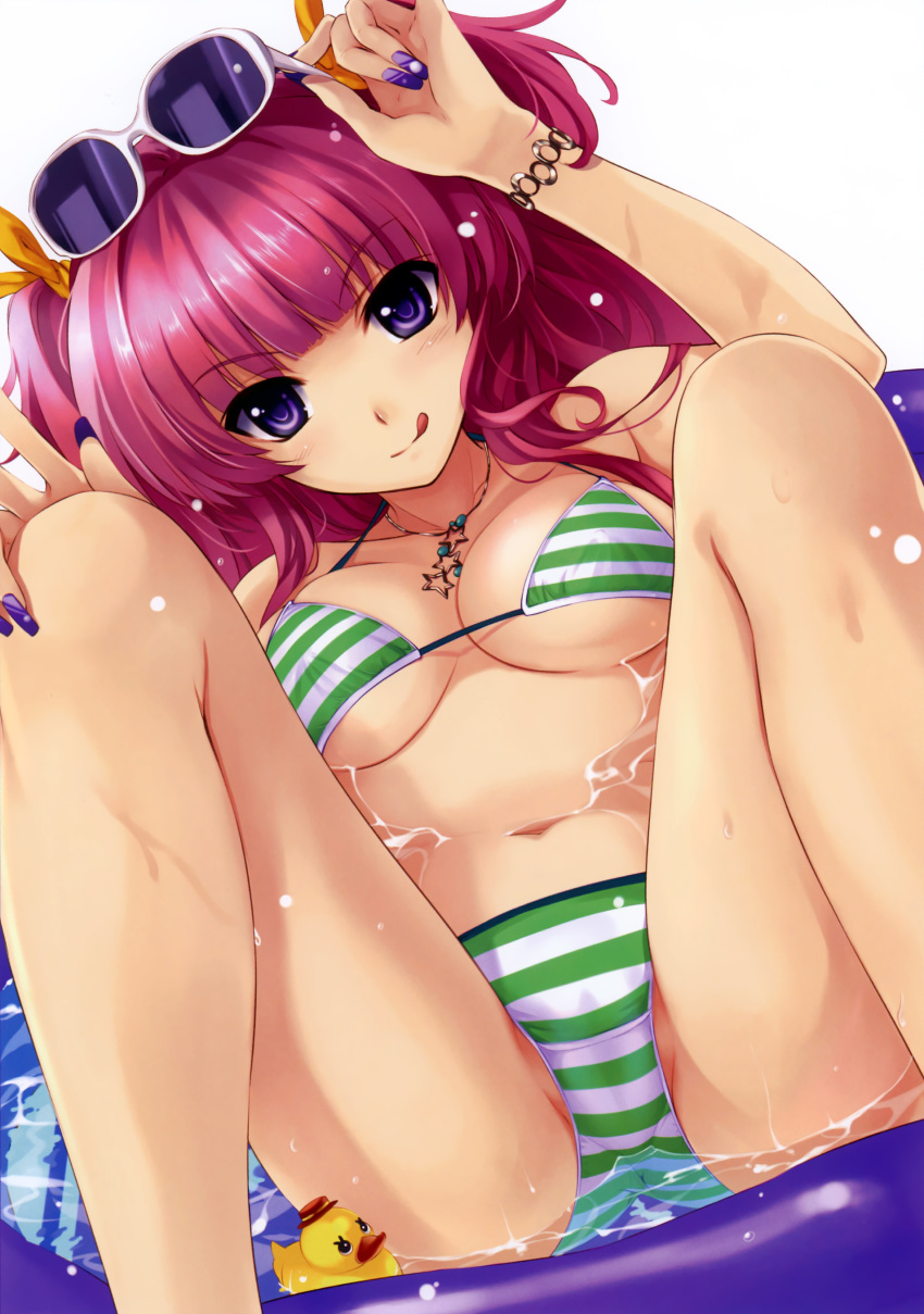 absurdres bikini bracelet breasts cleavage collarbone comic_aun eyewear_on_head highres innertube jewelry looking_at_viewer misaki_kurehito nail_polish navel necklace pink_hair scan smile striped striped_bikini sunglasses swimsuit tongue tongue_out twintails water
