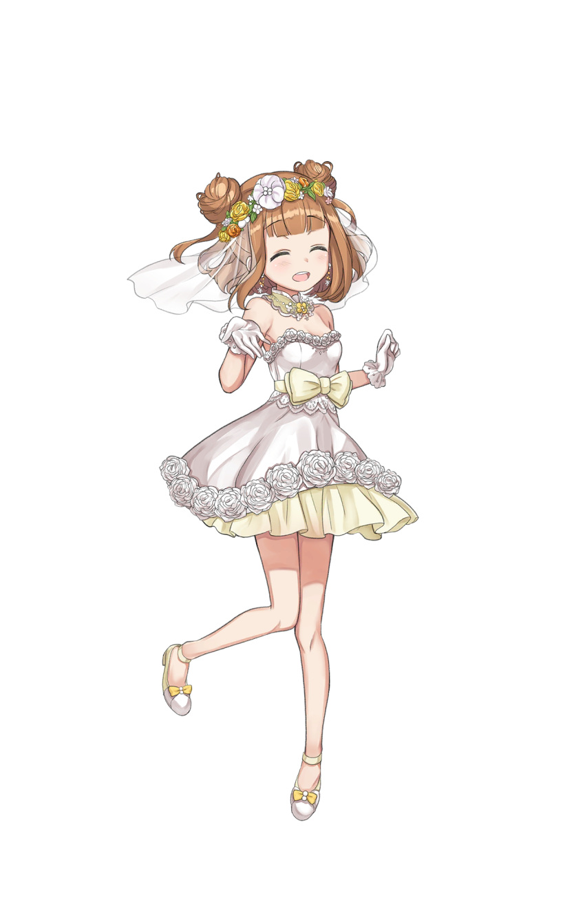 :d bangs bare_shoulders beatrice_(princess_principal) bow brown_eyes brown_hair closed_eyes double_bun dress earrings facing_viewer flower frilled_dress frills full_body gloves hair_flower hair_ornament hand_up highres jewelry official_art open_mouth princess_principal princess_principal_game_of_mission short_hair smile solo standing standing_on_one_leg transparent_background white_bow white_dress white_gloves