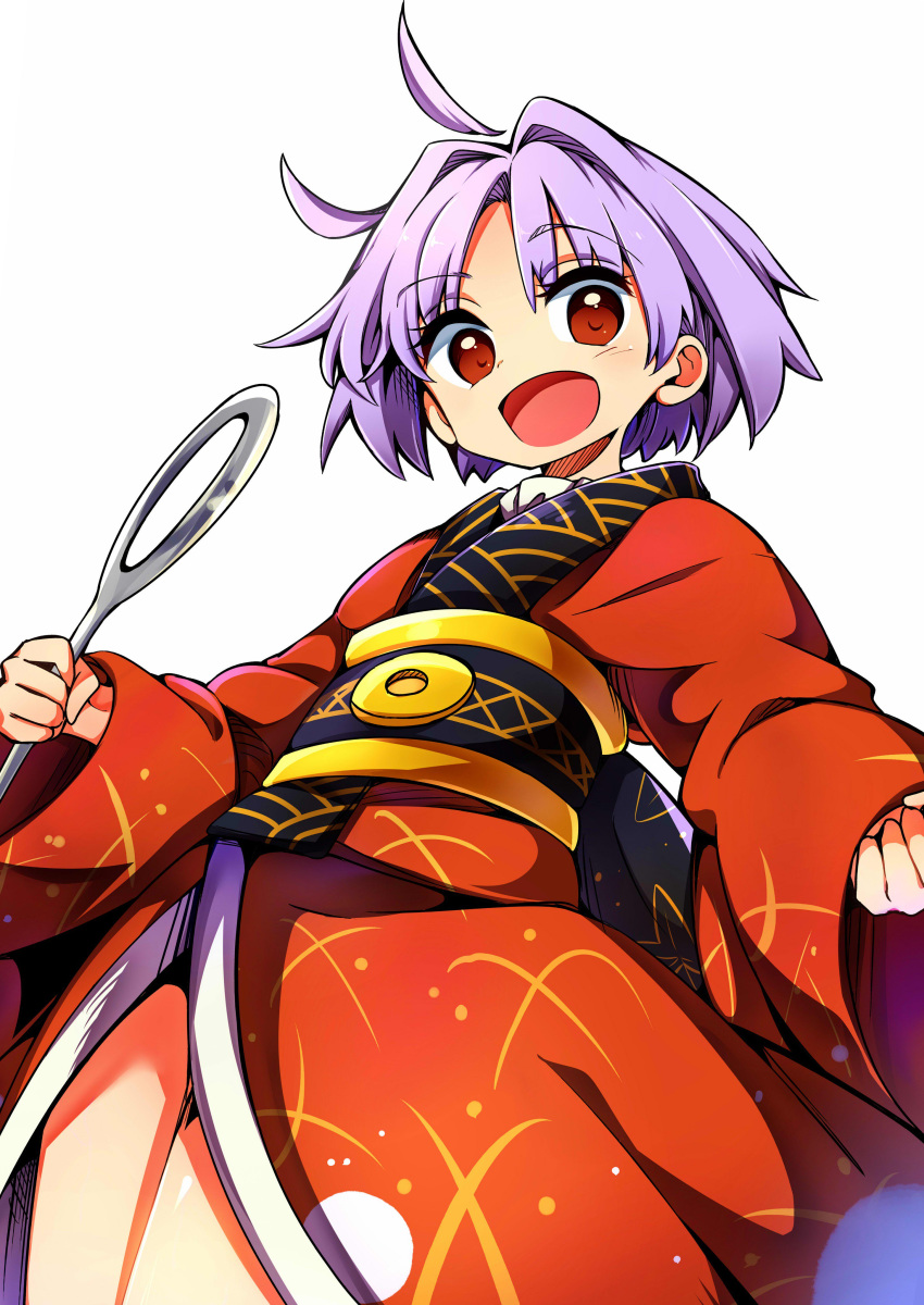absurdres baba_(baba_seimaijo) brown_eyes commentary eyebrows_visible_through_hair highres japanese_clothes kimono long_sleeves looking_at_viewer needle obi open_mouth purple_hair sash short_hair solo sukuna_shinmyoumaru touhou white_background wide_sleeves
