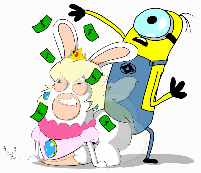 ambiguous_gender blue_eyes clenched_teeth clothed clothing crossdressing crossover dancing dress english_text female female/ambiguous florkofcows humanoid lagomorph male male/female mammal mario_bros minion money nintendo princess_peach rabbid rabbids signature simple_background teeth text twerking video_games white_background wig