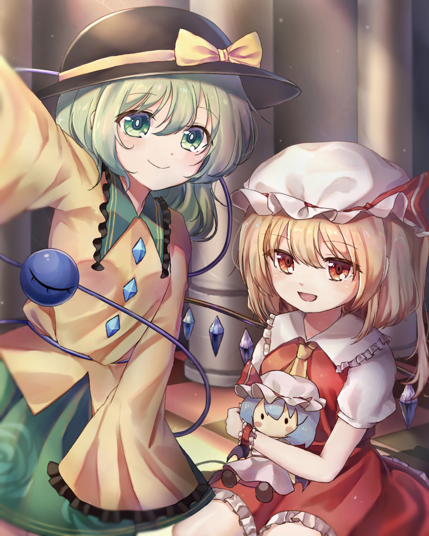 absurdres bangs blonde_hair character_doll checkered checkered_floor cowboy_shot cravat doll_hug eyebrows_visible_through_hair fang flandre_scarlet floral_print frilled_shirt_collar frilled_skirt frills green_eyes green_hair green_skirt hair_between_eyes hat hat_ribbon highres indoors komeiji_koishi long_sleeves looking_at_viewer mob_cap multiple_girls on_floor open_clothes outstretched_arm pillar pudding_(skymint_028) puffy_short_sleeves puffy_sleeves reaching_out red_eyes red_skirt red_vest remilia_scarlet ribbon rose_print self_shot shirt short_hair short_sleeves side_ponytail sitting skirt smile standing third_eye tile_floor tiles touhou vest white_shirt wing_collar wings yellow_neckwear yellow_shirt