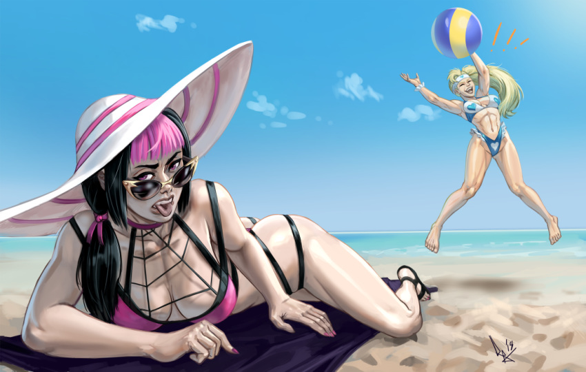 2girls adapted_costume alternate_hairstyle ass ball bangs barefoot beach beachball bikini black_hair blonde_hair blue_bikini breasts cleavage commentary day diepod english_commentary han_juri hat headband heart hot jumping large_breasts lying medium_breasts multiple_girls muscle muscular_female nail_polish ocean on_stomach pale_skin pink_hair pink_nails purple_eyes rainbow_mika sandals side_ponytail strap_gap street_fighter street_fighter_v summer sun_hat sunglasses swimsuit thong toenail_polish tongue tongue_out yellow-framed_eyewear