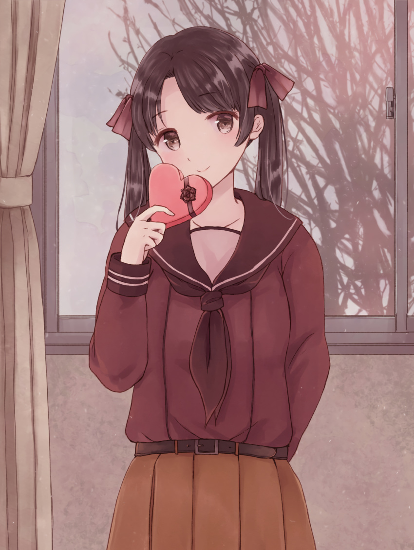 arm_behind_back bangs belt black_hair black_ribbon blush bow box brown_eyes brown_skirt closed_mouth collarbone cowboy_shot curtains eyebrows eyebrows_visible_through_hair flower gift glass hair_bow hand_up head_tilt heart-shaped_box highres holding holding_gift indoors kantai_collection long_hair long_sleeves looking_at_viewer mikuma_(kantai_collection) nagidango parted_bangs pleated_skirt red_bow red_shirt ribbon school_uniform serafuku shirt skirt smile solo tree twintails valentine window