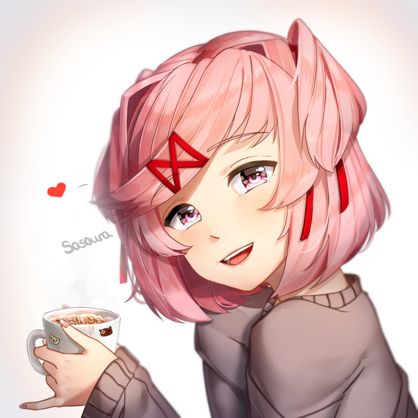 :d artist_name commentary cup doki_doki_literature_club english_commentary eyebrows_visible_through_hair from_side hair_ornament hair_ribbon hairclip heart highres holding holding_cup lips looking_at_viewer looking_to_the_side nail_polish natsuki_(doki_doki_literature_club) open_mouth pink_eyes pink_hair pink_nails pinky_out red_ribbon ribbon sasoura short_hair simple_background smile solo two_side_up