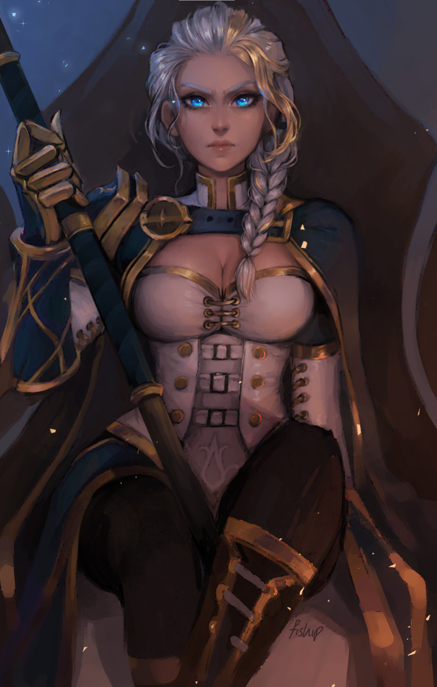 artist_name blue_eyes braid breasts cape cleavage commentary english_commentary gauntlets highres jaina_proudmoore long_hair looking_at_viewer matilda_vin medium_breasts serious silver_hair sitting solo staff warcraft world_of_warcraft