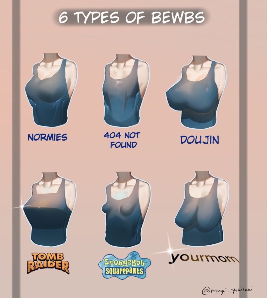 age_difference blue_tank_top breasts breasts_apart brown_background bust_chart cleavage collarbone commentary comparison covered_nipples cropped_arms cropped_neck cropped_torso crossover english english_commentary error_message flat_chest highres impossible_clothes impossible_shirt large_breasts logo mature medium_breasts meme multiple_girls old_woman original parody perky_breasts pixelated sagging_breasts shirt skin_tight small_breasts sparkle spongebob_squarepants style_parody tomb_raider toon torso twitter_username yukisaki_mayui