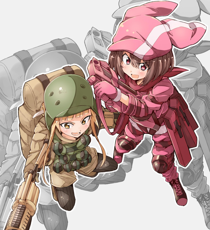 animal_hat backpack bag bandana bibi black_legwear blonde_hair blush boots brown_hair bullpup commentary_request cross-laced_footwear from_above fukaziroh_(sao) gloves grey_background gun hat helmet highres knife_in_hair llenn_(sao) long_sleeves mgl-140 multiple_girls open_mouth p-chan_(p-90) p90 pink_bandana pink_gloves pink_hat red_eyes rightony_&amp;_leftania short_hair simple_background smile striped striped_legwear submachine_gun sword_art_online sword_art_online_alternative:_gun_gale_online trench_knife vertical-striped_legwear vertical_stripes weapon yellow_eyes zoom_layer