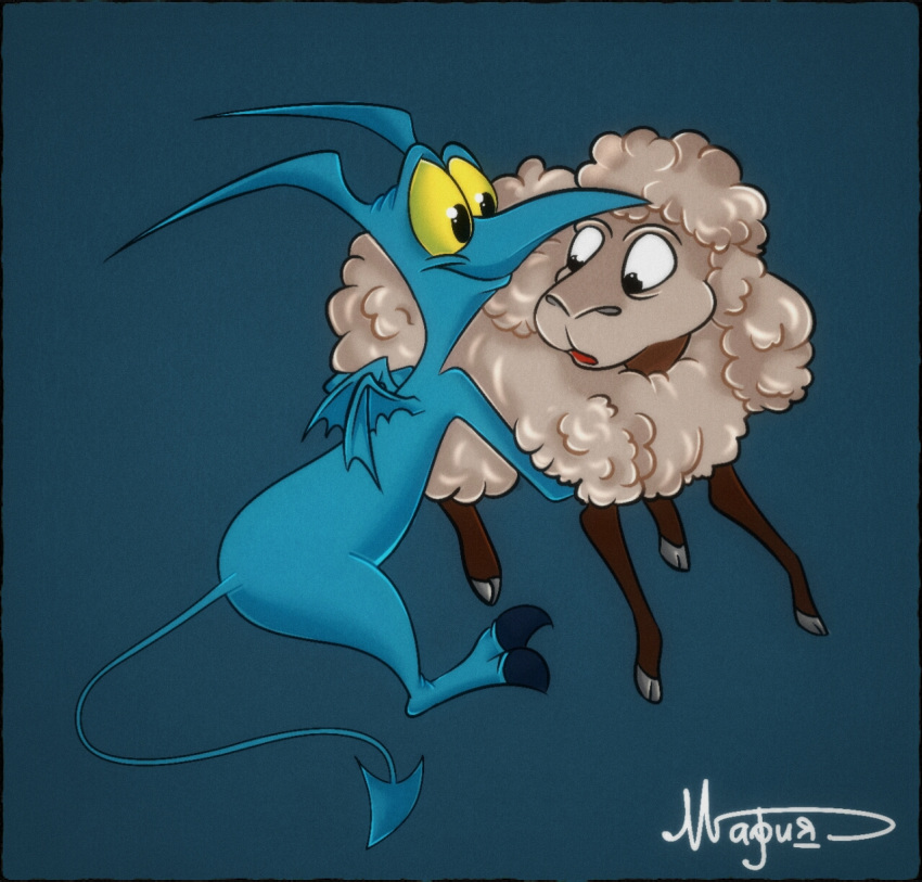 2018 2_toes black_border border caprine claws creativemafioso demon disney duo feral grainy hercules_(series) hi_res hooves long_nose looking_at_another mammal membranous_wings open_mouth panic_(hercules) sheep signature simple_background small_wings smile spade_tail teal_background teal_body toe_claws toes wings wool yellow_eyes