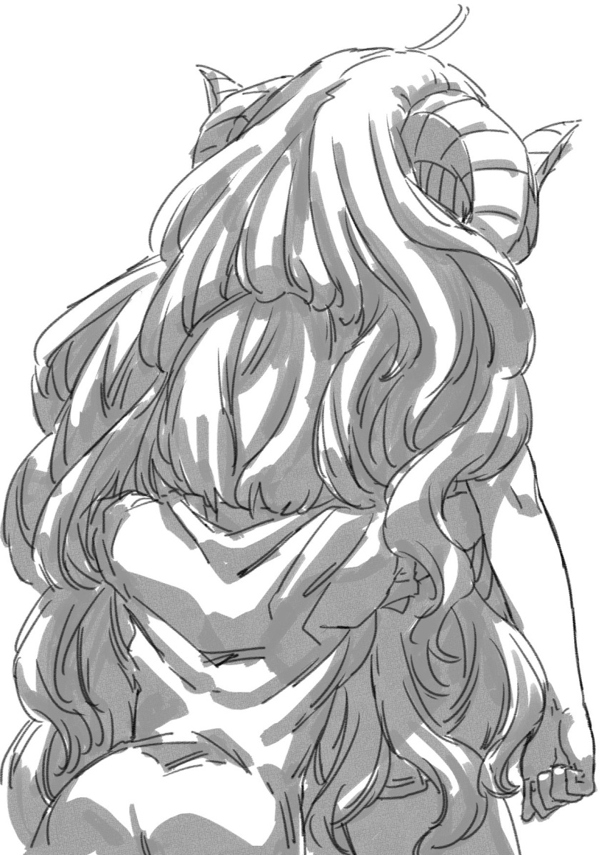 ahoge anila_(granblue_fantasy) djeeta_(granblue_fantasy) draph from_behind granblue_fantasy greyscale highres horns hug hug_from_behind long_hair monochrome multiple_girls simple_background toriudonda very_long_hair