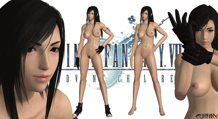 3d black_footwear black_gloves black_hair brown_eyes clitoris cunihinx download_link final_fantasy final_fantasy_vii gloves hand_on_hip highres long_hair mobius_final_fantasy multiple_views nude pubic_hair realistic standing tifa_lockhart uncensored xnalara xps