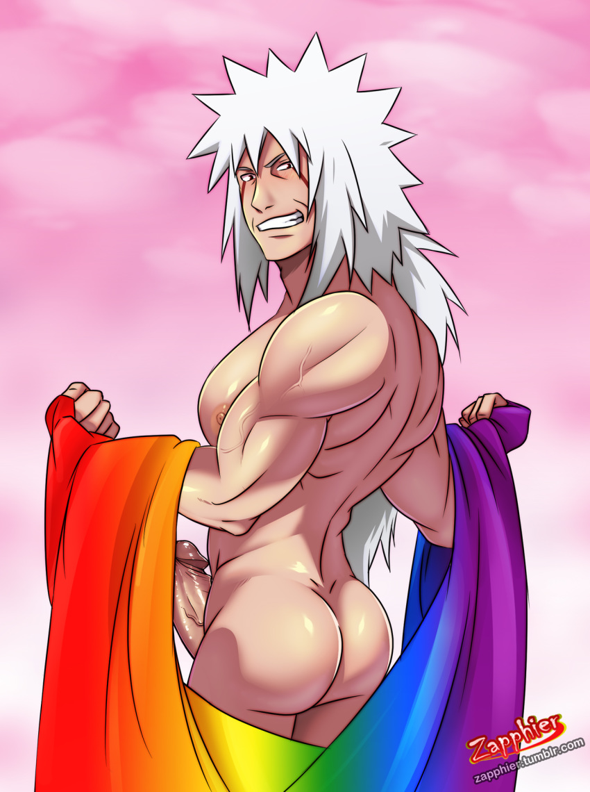 1boy ass bara biceps erect jiraiya looking_at_viewer male male_focus muscle muscular naruto penis rainbow_flag smile solo teeth undressing white_hair zapphier