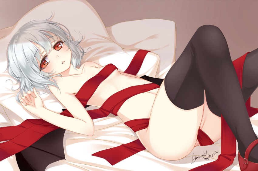 artist_name ass bat_wings black_legwear black_wings blue_hair blush breasts collarbone commentary_request dated eyebrows_visible_through_hair feet_out_of_frame hand_up haruki_(colorful_macaron) indoors knees_up lying navel no_hat no_headwear nude on_back parted_lips pillow red_eyes red_footwear red_ribbon remilia_scarlet ribbon short_hair signature small_breasts solo stomach thighhighs touhou wings