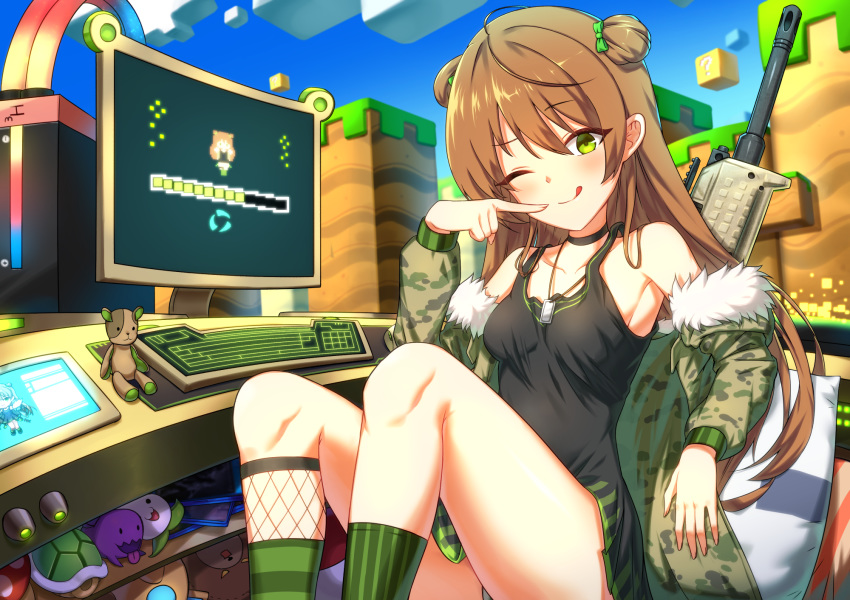 ;q ahoge armpits assault_rifle asymmetrical_legwear bangs bare_shoulders battery_condenser black_dress blush bow breasts brown_hair bullpup camouflage_coat choker cleavage coat collarbone commentary computer dog_tags double_bun dress elbow_rest eyebrows_visible_through_hair finger_to_mouth fingerless_gloves fur-trimmed_coat fur_trim girls_frontline gloves green_eyes gun hair_bow highres jacket kel-tec kel-tec_rfb keyboard kneehighs knees_up long_hair looking_at_viewer mario_(series) medium_breasts microdress monitor one_eye_closed panix2383 rfb_(girls_frontline) rifle sitting smile solo striped striped_legwear stuffed_toy super_mario_bros. thighs tongue tongue_out weapon