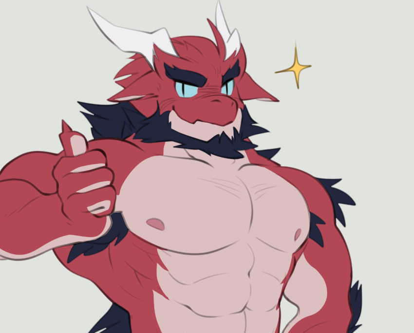 abs anthro armpit_hair beard blue_eyes claws dragon facial_hair half-length_portrait horn invalid_tag looking_at_viewer male muscular muscular_male neck_tuft neje nipples pecs portrait red_skin reindom smile solo standing thumbs_up tuft white_skin