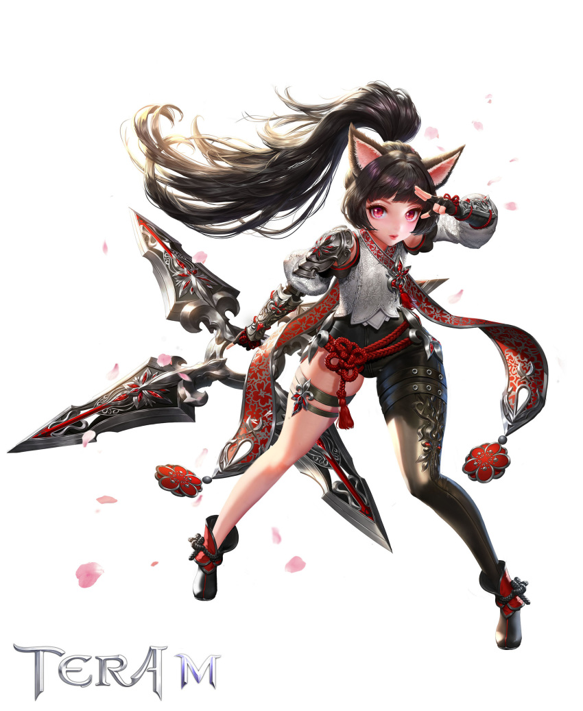 animal_ears arm_up armor black_bodysuit black_footwear black_gloves black_hair bodysuit boots cat_ears cherry_blossoms dospi elin_(tera) fingerless_gloves full_body gloves highres huge_weapon lips long_hair outstretched_arm petals ponytail red_eyes rope shirt shuriken solo tera_online thigh_strap very_long_hair weapon white_shirt