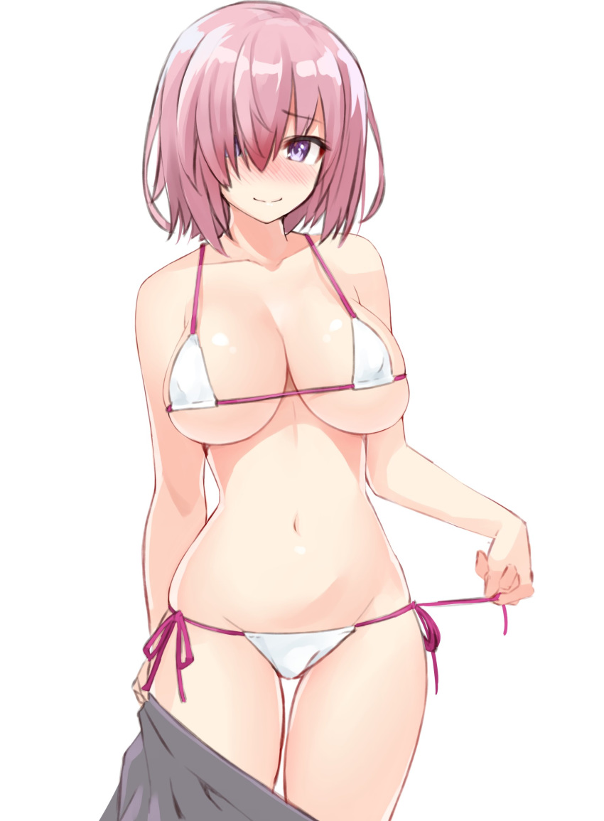absurdres adapted_costume arms_at_sides bangs bare_shoulders bikini blush breasts closed_mouth collarbone commentary covered_nipples eyebrows_visible_through_hair fate/grand_order fate_(series) grey_skirt groin hair_between_eyes hair_over_one_eye highres hips large_breasts lavender_hair looking_at_viewer mash_kyrielight md5_mismatch micro_bikini midriff miniskirt navel nose_blush pulled_by_self purple_eyes resized shiny shiny_skin short_hair shunichi side-tie_bikini simple_background skindentation skirt skirt_pull smile solo standing stomach strap_gap string_bikini string_pull swimsuit swimsuit_of_perpetual_summer thighs underboob upscaled white_background white_bikini