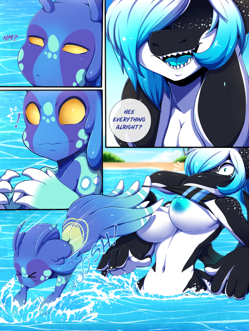 2018 anthro blue_areola blue_hair blue_nipples blue_tongue breasts cetacean clothed clothing comic detailed_background digital_media_(artwork) dragon duo female gradient_hair hair hybrid mammal marine midriff navel nipples orca partially_submerged penelope rainbowscreen water whale white_hair