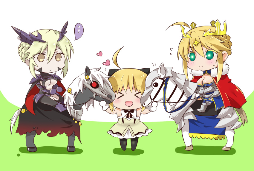 &gt;_&lt; 3girls ahoge artoria_pendragon_(all) artoria_pendragon_(lancer) artoria_pendragon_(lancer_alter) black_bow blonde_hair blush bow breasts cape chibi cleavage closed_eyes crown dun_stallion fate/grand_order fate_(series) flying_sweatdrops gauntlets green_eyes hair_bow heart highres horse horseback_riding llamrei_(fate) multiple_girls multiple_persona open_mouth red_eyes riding saber_lily shadow spoken_ellipsis tsuchiya_madose underboob yellow_eyes