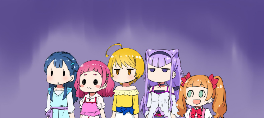 aisaki_emiru aqua_eyes black_eyes blonde_hair blue_hair bow cat_smile choker dress group headband hugtto_precure idolmaster kagayaki_homare kurokawa_makoto long_hair lulu_(precure) nono_hana orange_eyes orange_hair parody pink_hair precure purple purple_eyes purple_hair short_hair skirt twintails yakushiji_saaya