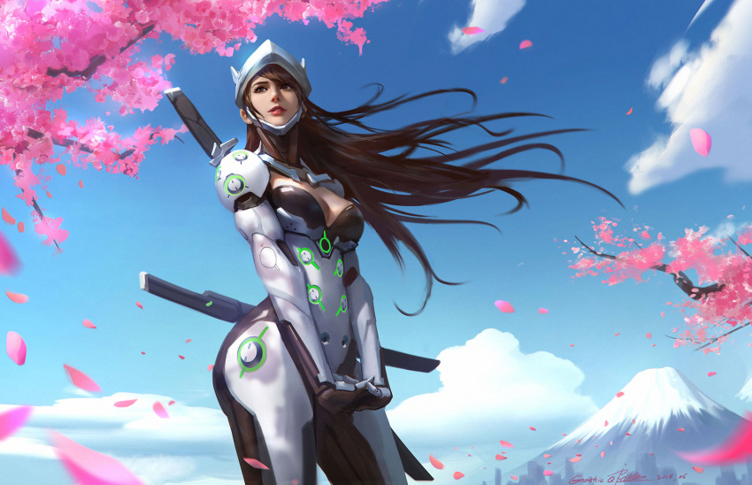 armor bangs blue_sky breasts brown_eyes brown_hair cherry_blossoms cloud cowboy_shot cyborg day forehead_protector from_below genderswap genderswap_(mtf) genji_(overwatch) helmet highres katana light_smile long_hair looking_to_the_side medium_breasts mount_fuji mountain nose outdoors overwatch pants parted_lips power_armor qichao_wang realistic red_lips sheath sheathed sky solo sword tree_branch weapon