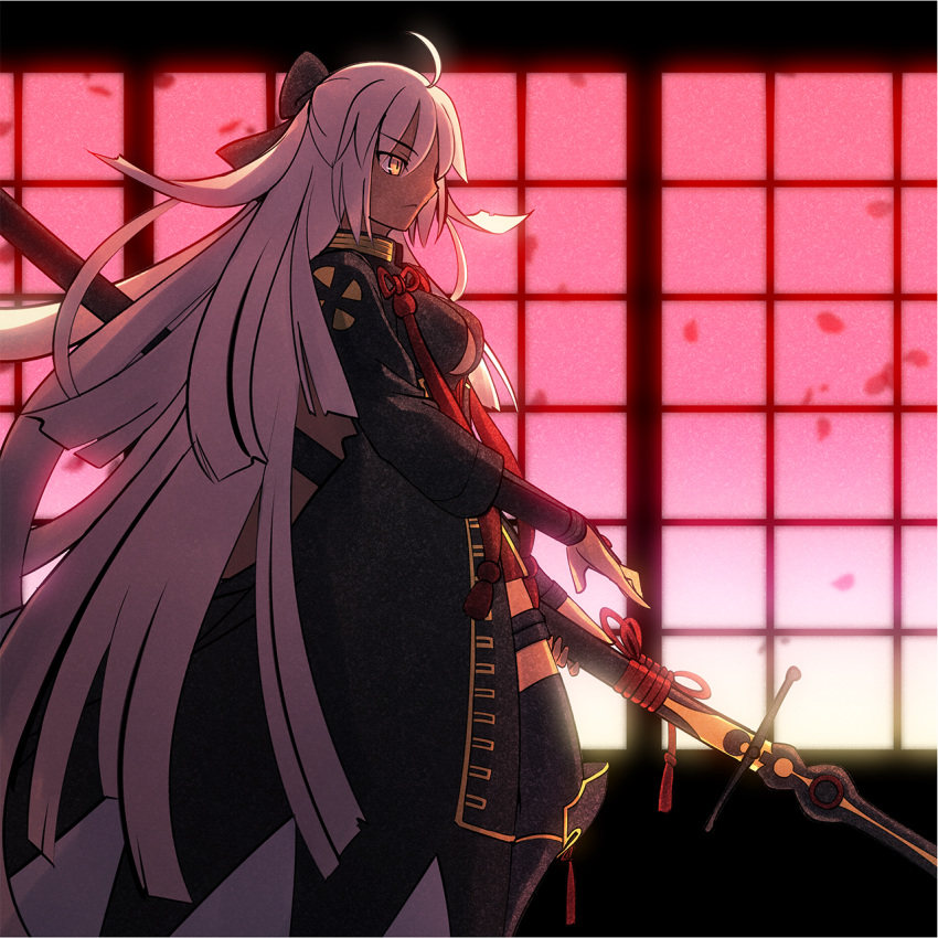 ahoge arm_guards bangs black_bow bow breasts cleavage_cutout commentary_request dark_skin fate/grand_order fate_(series) hair_between_eyes hair_bow highres holding holding_weapon katana long_hair medium_breasts migiha okita_souji_(alter)_(fate) okita_souji_(fate)_(all) petals silver_hair solo sword thighhighs very_long_hair weapon window yellow_eyes