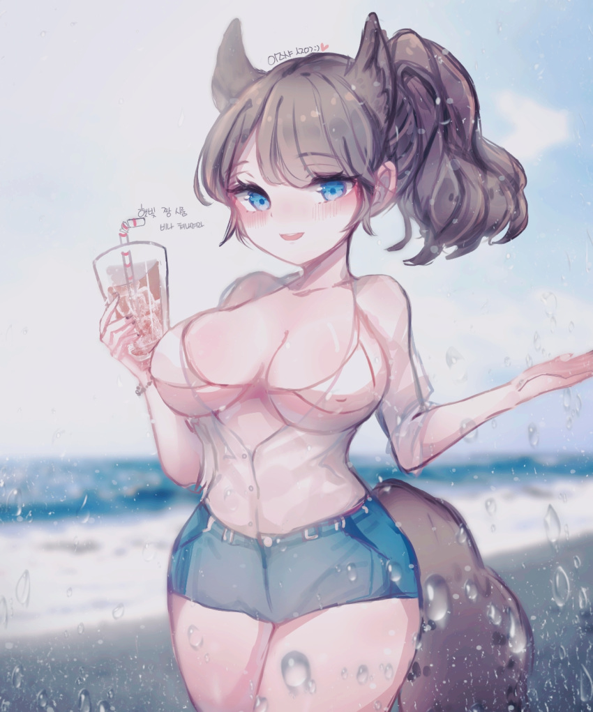 animal_ears bangs beach bead_bracelet beads bikini_top blue_eyes blush bracelet breasts brown_hair commentary_request covered_nipples cowboy_shot cup denim denim_shorts drinking_straw eyebrows_visible_through_hair highres ice ice_cube jewelry large_breasts ocean open_clothes open_mouth original sand see-through shirt shorts smile solo tail water_drop white_shirt wide_ponytail yomi_yojo