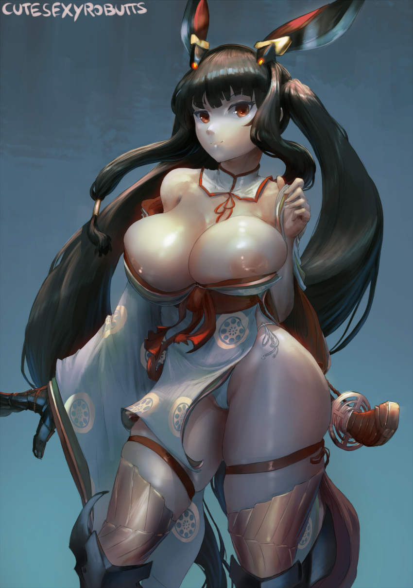 bare_shoulders black_hair blue_background breast_lift breasts cleavage cutesexyrobutts highres hips huge_breasts kaguya_(queen's_blade) katana long_hair looking_at_viewer nipples panties puffy_nipples queen's_blade red_eyes side-tie_panties signature skindentation solo sword thick_thighs thighs twintails underwear very_long_hair weapon white_panties