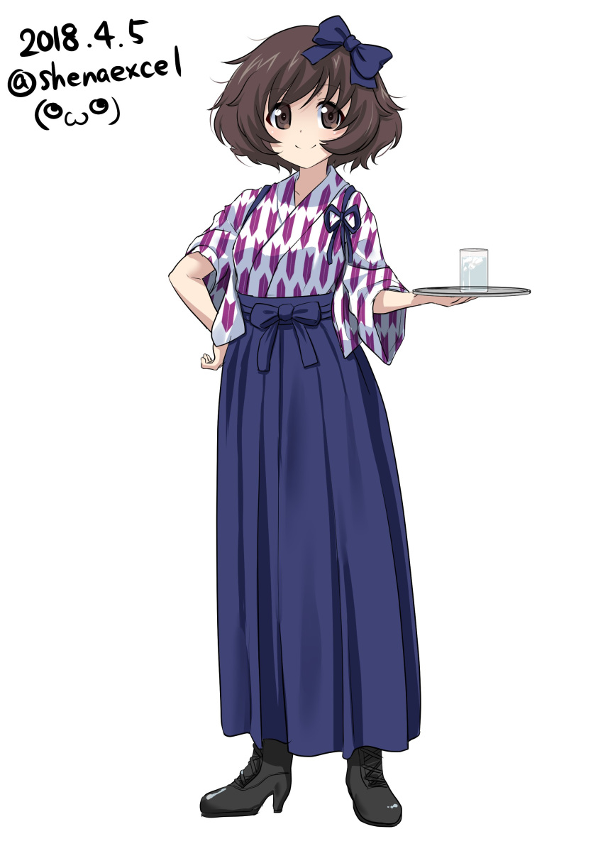 absurdres akiyama_yukari alternate_costume artist_name bangs bashamichi blue_bow blue_hakama boots bow brown_eyes brown_footwear brown_hair commentary_request cross-laced_footwear cup dated drinking_glass excel_(shena) eyebrows_visible_through_hair full_body girls_und_panzer hair_bow hakama high_heel_boots high_heels highres holding ice japanese_clothes lace-up_boots long_skirt long_sleeves looking_at_viewer messy_hair partial_commentary purple_shirt shirt short_hair signature simple_background skirt solo standing tasuki tray twitter_username waitress water white_background wide_sleeves yagasuri