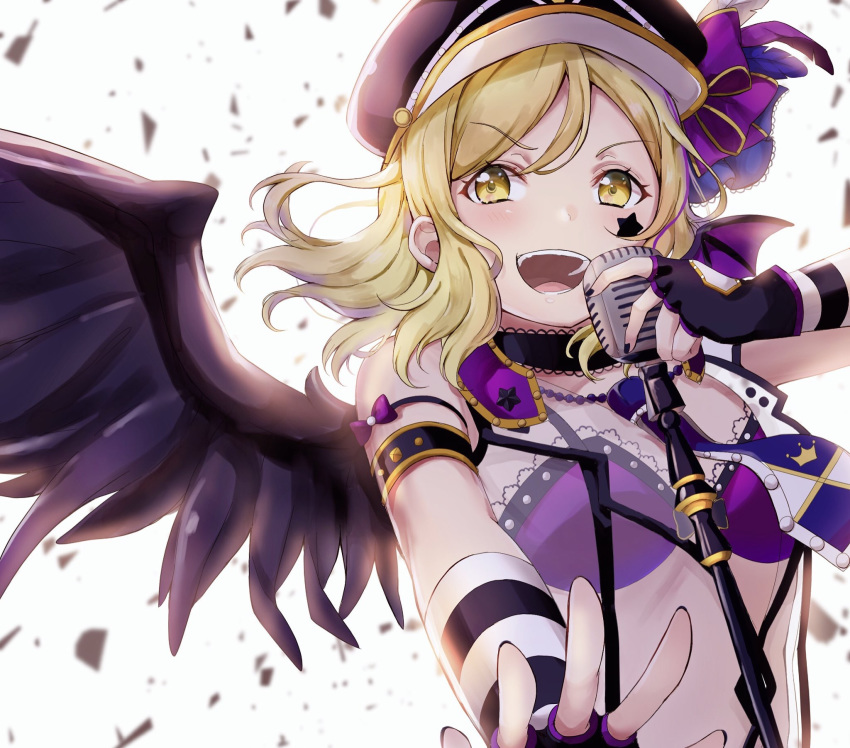 :d armlet black_choker black_gloves black_nails blonde_hair bra choker confetti demon_wings elbow_gloves facial_mark fingerless_gloves gloves hat hat_feather hat_ribbon highres holding holding_microphone love_live! love_live!_sunshine!! medium_hair mia_(fai1510) microphone microphone_stand nail_polish necktie ohara_mari open_mouth outstretched_arm peaked_cap purple_bra purple_ribbon ribbon see-through smile solo star striped striped_gloves underwear upper_body upper_teeth v-shaped_eyebrows wings yellow_eyes