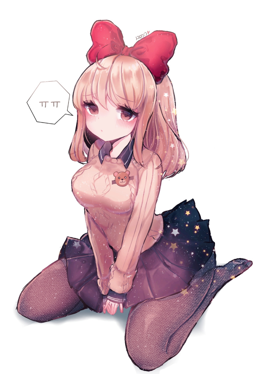 ahoge bangs barefoot bear_pin between_legs black_shirt black_skirt blonde_hair blush bow breasts brown_eyes collared_shirt commentary_request commission hair_bow hand_between_legs highres korean korean_commentary long_sleeves looking_at_viewer medium_breasts medium_hair no_shoes pantyhose pleated_skirt popped_collar red_bow school_uniform shirt sidelocks sitting skirt soul_worker speech_bubble sweater t_t translation_request wariza wide_ponytail wing_collar yellow_sweater yomi_yojo