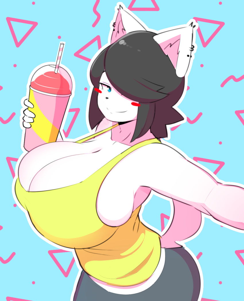 anthro beverage big_breasts black_hair blue_eyes blush breasts canine cleavage clothed clothing cup dog ear_piercing female hair hair_over_eye holding_object huge_breasts maggie_applebee mammal pants piercing shirt short_hair side_boob slurpee smile solo straw tank_top theycallhimcake