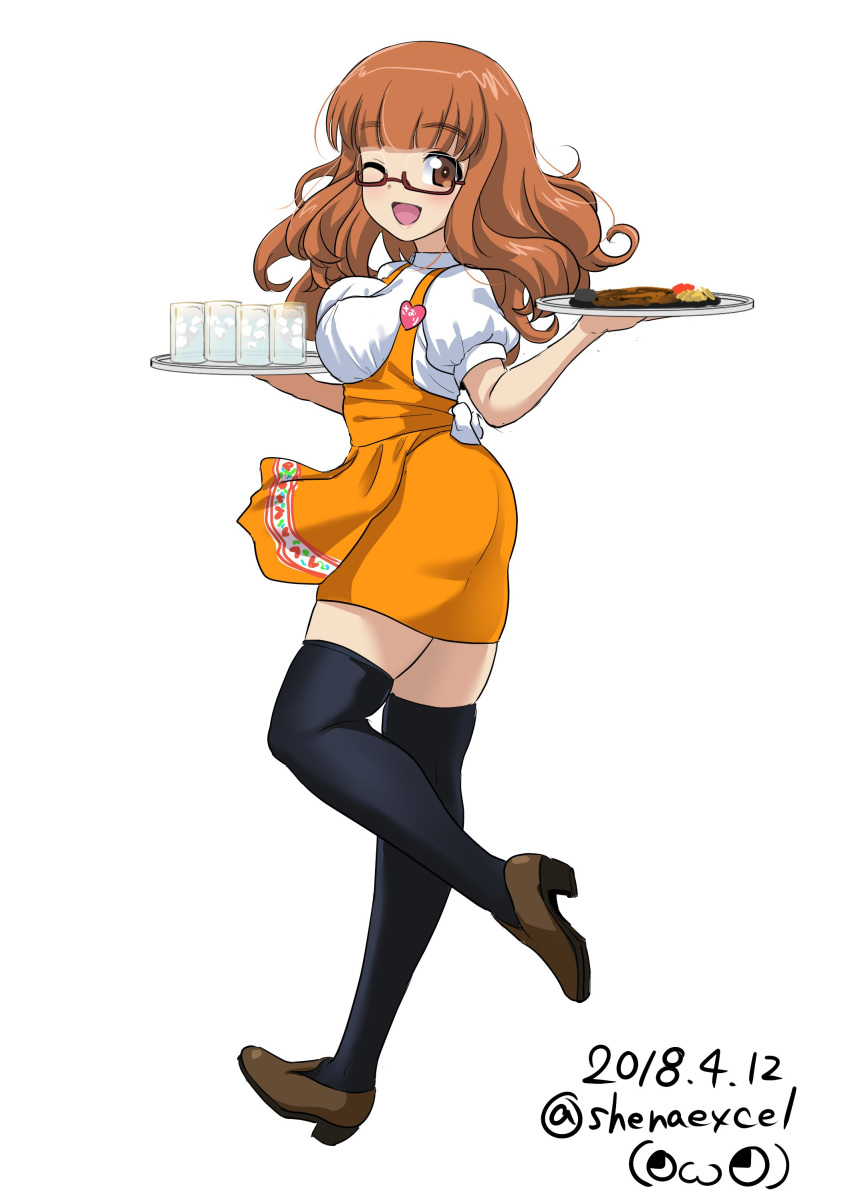 ;d absurdres alternate_costume anna_miller apron artist_name ass bangs black_legwear blunt_bangs breasts brown_footwear commentary dated excel_(shena) eyebrows_visible_through_hair food from_side full_body girls_und_panzer glasses high-waist_skirt highres holding ice loafers long_hair looking_at_viewer medium_breasts miniskirt name_tag one_eye_closed open_mouth orange_apron orange_eyes orange_hair orange_skirt red-framed_eyewear semi-rimless_eyewear shoes signature simple_background skindentation skirt smile solo standing suspender_skirt suspenders takebe_saori thighhighs tray twitter_username under-rim_eyewear waist_apron waitress water white_background