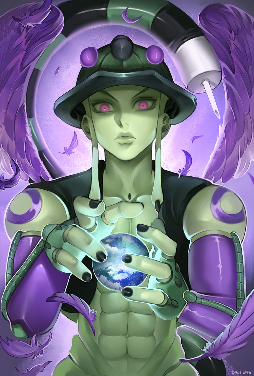 abs black_nails cropped_jacket feathered_wings feathers fewer_digits green_jacket green_sclera green_skin highres hunter_x_hunter jacket lips looking_at_viewer meruem multicolored multicolored_skin muscle nail_polish pink_eyes purple_skin purple_wings sleeveless_jacket solo sphere stinger tail upper_body wings zv33