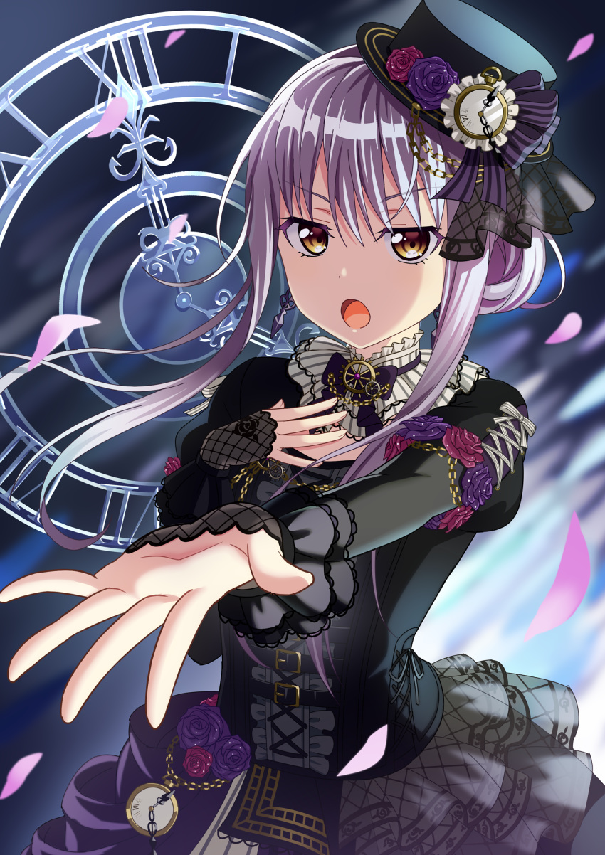 bang_dream! bangs black_hat brown_eyes cherry_blossoms clock earrings floating_hair flower gothic_lolita grey_skirt hair_between_eyes hair_ornament hat highres jewelry layered_skirt lolita_fashion long_hair looking_at_viewer minato_yukina open_mouth outstretched_arm purple_flower silver_hair skirt solo standing yuusa