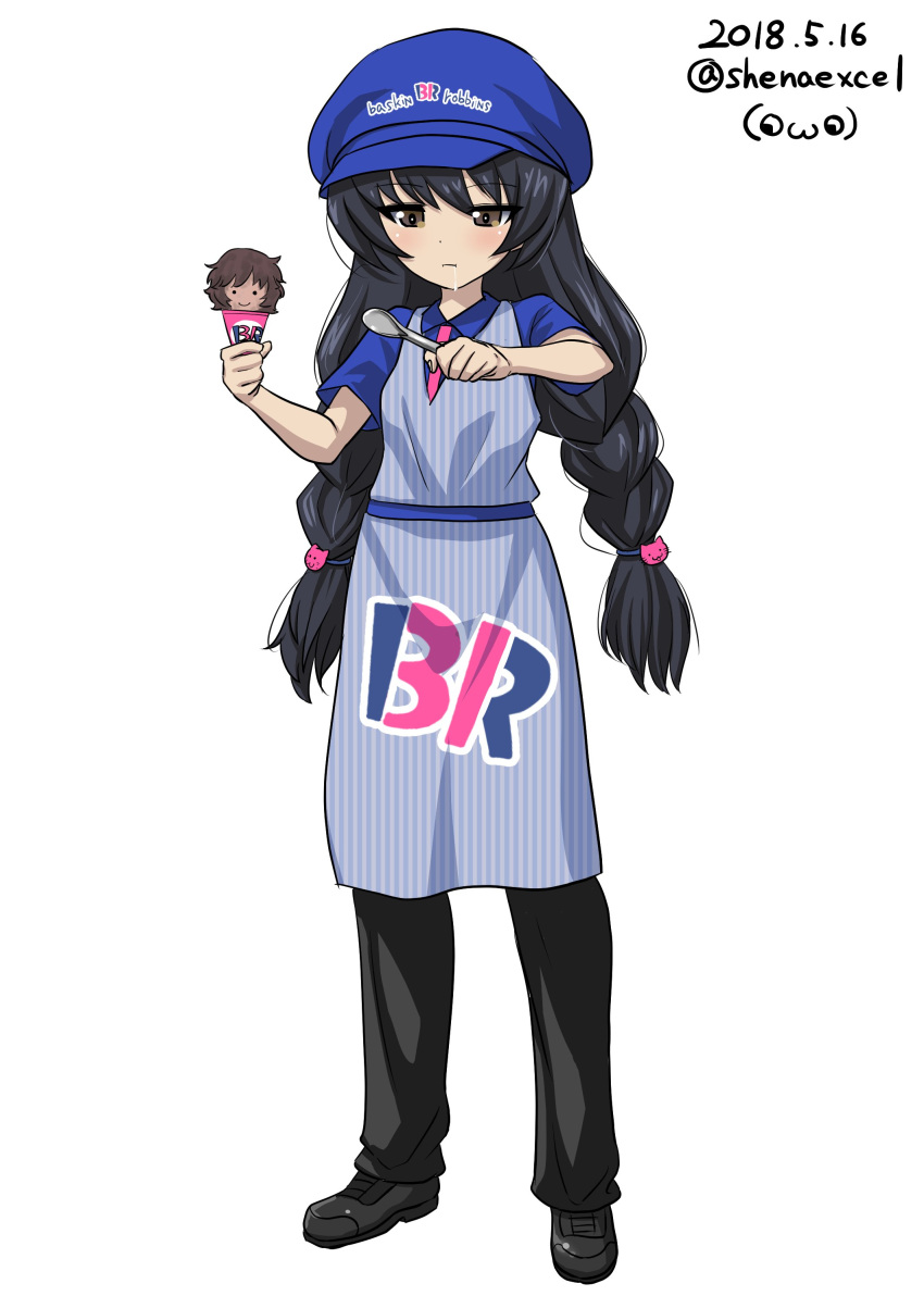 :t absurdres akiyama_yukari alternate_costume alternate_hairstyle apron artist_name bangs baskin-robbins black_footwear black_hair black_pants blue_apron blue_hat blue_shirt braid brown_eyes cabbie_hat cat_hair_ornament closed_mouth commentary cross-laced_footwear dated dress_shirt employee_uniform english excel_(shena) eyebrows_visible_through_hair food full_body girls_und_panzer hair_ornament hair_tie half-closed_eyes hat highres holding holding_food holding_spoon ice_cream_cone light_frown logo long_hair looking_at_viewer necktie pants pink_neckwear reizei_mako saliva shirt shoes signature simple_background solo spoon standing striped twin_braids twitter_username uniform vertical-striped_apron vertical_stripes waitress white_background wing_collar