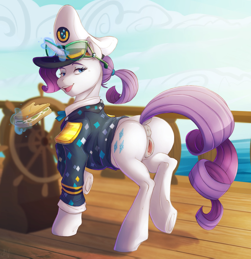 2018 anus butt clothing cutie_mark digital_media_(artwork) dock equine eyelashes eyewear female feral food friendship_is_magic hair hi_res hooves horn looking_at_viewer mammal my_little_pony open_mouth outside ponsex pussy rarity_(mlp) solo underhoof unicorn