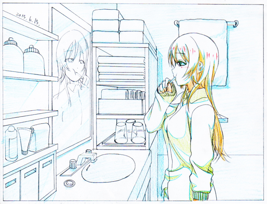 :t ayase_eli bathroom blonde_hair brushing_teeth colored_pencil_(medium) dated faucet from_side graphite_(medium) hair_down limited_palette long_hair long_sleeves love_live! love_live!_school_idol_project mirror pink_x profile reflection sink sleeves_past_wrists solo standing sweater toothbrush towel traditional_media