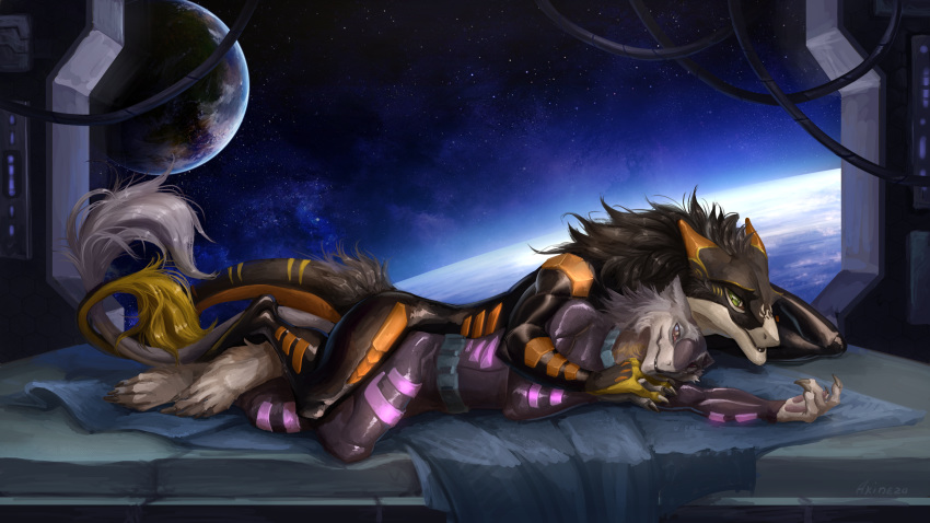 2018 4_fingers 4_toes akineza amazing_background ankle_tuft anthro anthro_on_anthro bed bedding biped black_clothing black_fur blanket blue_eyes butt_fluff claws clothed clothing cuddling cushion detailed detailed_background digital_media_(artwork) digital_painting_(artwork) digitigrade dipstick_tail duo front_view fur green_eyes grey_clothing grey_fur half-closed_eyes hand_holding hi_res hindpaw inside keel kel kronas_(creeperdragon) larger_male looking_at_partner looking_back lying male male/male mammal mane markings multicolored_tail orange_clothing paws planet purple_clothing realistic relaxing romantic rubber rubber_suit sergal signature size_difference smile snout space space_station spacescape spacesuit spooning starscape tail_tuft tan_fur toe_claws toes tuft vilous_universe window yellow_fur yellow_markings
