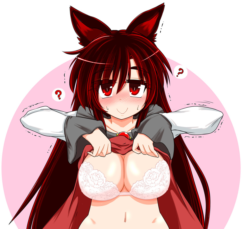 ? animal_ears blush bra breasts brooch brown_hair collarbone dress hayashitsu imaizumi_kagerou jewelry large_breasts long_hair long_sleeves looking_at_viewer navel red_eyes solo speech_bubble sweat touhou trembling underwear upper_body wavy_mouth white_bra wolf_ears