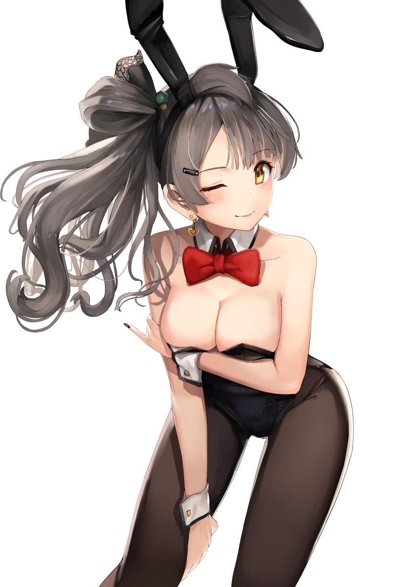 ;) animal_ears arm_under_breasts bangs bare_shoulders black_legwear black_leotard black_nails blush bow bowtie breast_hold breasts bunny_ears bunny_girl bunnysuit cleavage detached_collar earrings eyebrows_visible_through_hair fake_animal_ears fingernails grey_hair groin hair_ornament hair_rings hairclip hand_on_own_thigh heart heart_earrings highres jewelry leaning_forward leotard long_hair looking_at_viewer love_live! love_live!_school_idol_project medium_breasts minami_kotori nail_polish one_eye_closed pantyhose red_neckwear side_ponytail simple_background smile solo standing sunga2usagi white_background wrist_cuffs yellow_eyes