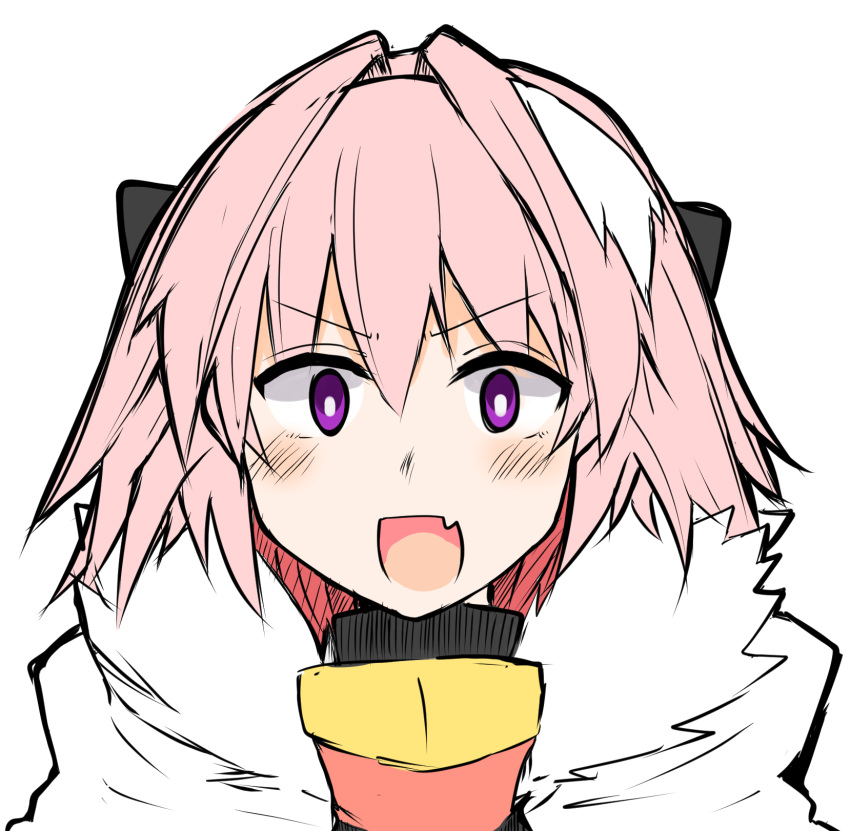 armor astolfo_(fate) black_bow black_ribbon blush bow cape commentary_request fang fate/apocrypha fate_(series) fur_trim hair_intakes hair_ribbon highres male_focus multicolored_hair open_mouth otoko_no_ko pink_hair purple_eyes ribbon simple_background smile solo streaked_hair takasaki_aneki white_background white_hair