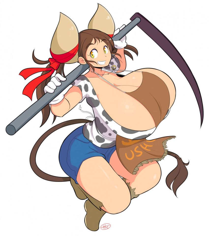 animal_humanoid apron big_breasts bovine breasts brown_hair cleavage clothed clothing cow_humanoid denim_shorts female footwear grin hair hoe holding_object horn huge_breasts humanoid jewelry mammal necklace ribbons shirt shoes shorts signature smile sukimi_(hataraki) tail_tuft teeth theycallhimcake tuft yellow_eyes