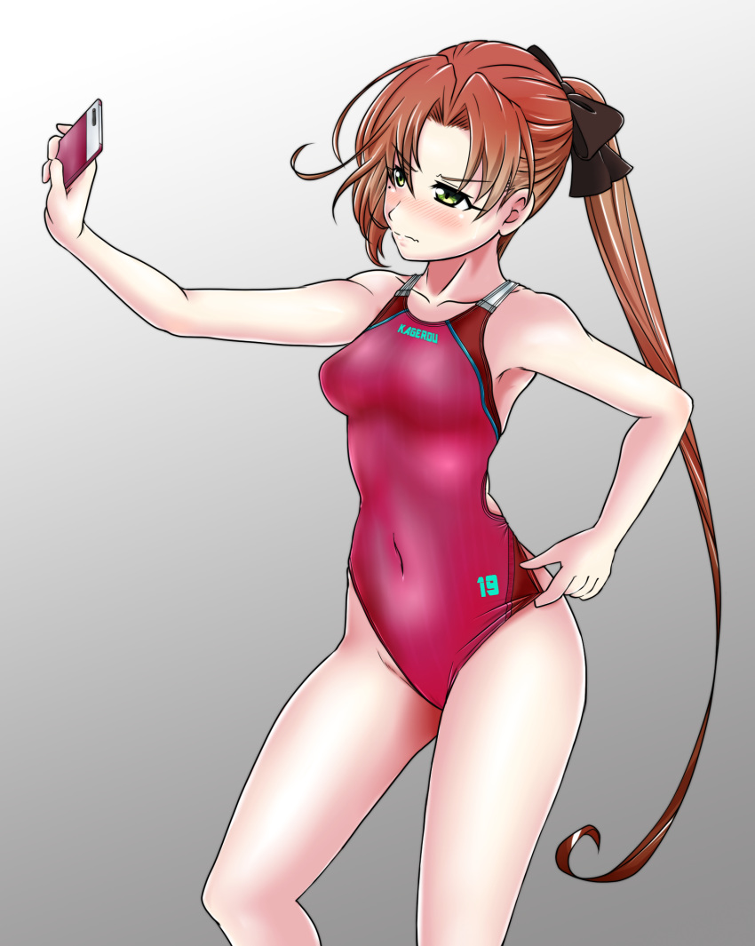 aiuchi akigumo_(kantai_collection) black_ribbon blush breasts brown_hair cellphone competition_swimsuit covered_navel green_eyes hair_ribbon highres holding holding_phone kantai_collection long_hair mole mole_under_eye one-piece_swimsuit phone pink_swimsuit ponytail ribbon self_shot small_breasts smartphone solo swimsuit taking_picture