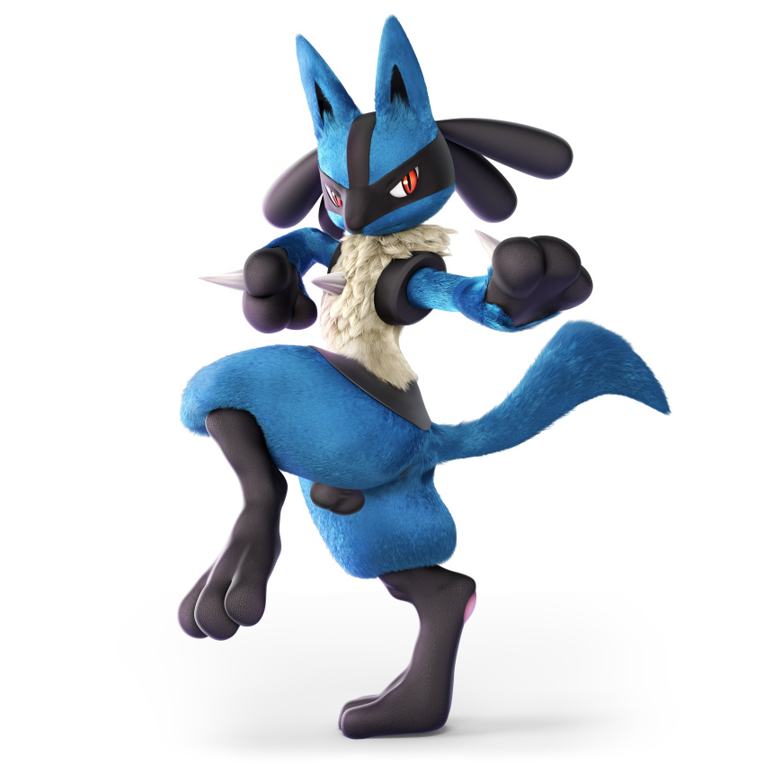 2018 3_toes 3d_(artwork) absurd_res alpha_channel anthro anus balls blue_fur canine digital_media_(artwork) edit fighting_stance fur hi_res lucario male mammal nintendo nude official_art on_one_leg paws pok&eacute;mon pok&eacute;mon_(species) pose red_eyes simple_background solo spikes standing super_smash_bros super_smash_bros._ultimate toes transparent_background video_games yellow_fur zekromlover