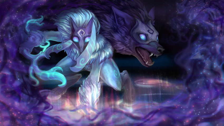 ambiguous_gender anthro blue_eyes bow_(weapon) caprine crouching detailed_background fangs feral fur glowing glowing_eyes grey_fur holding_object holding_weapon hooves invalid_tag kastraz kindred_(lol) lamb_(lol) league_of_legends looking_at_viewer magic mammal mask nude purple_theme ranged_weapon riot_games sheep snarling solo video_games weapon white_fur wolf_(lol)