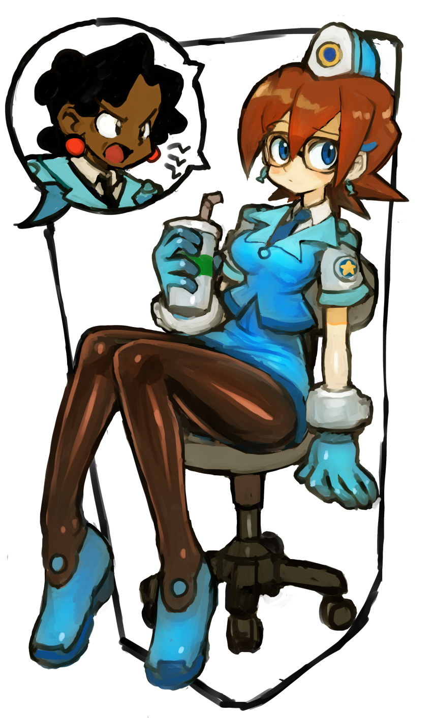 absurdres bangs bendy_straw blue_eyes blue_footwear blue_gloves blue_neckwear blue_skirt breasts brown_hair chair commentary cup dakusuta denise_marmalade drinking_glass drinking_straw earrings fish_earrings full_body glasses gloves hair_between_eyes hat highres holding holding_cup jewelry knees_together_feet_apart looking_at_viewer miniskirt multiple_girls necktie office_chair pantyhose police police_uniform rockman rockman_dash shiny shiny_clothes shiny_legwear shoes short_hair short_sleeves sitting skirt solo_focus spiked_hair uniform white_background